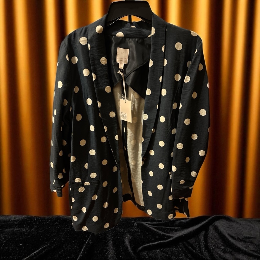 LC Lauren Conrad Navy and White Polka Dot Blazer